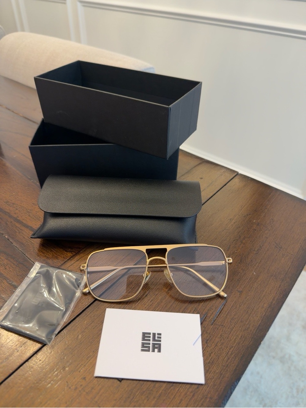 Elisa Johnson Jane Gold Metal Aviator Sunglasses + Box & Case